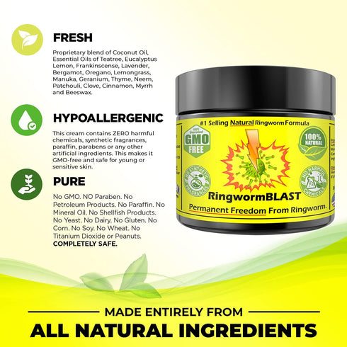 Ringworm Relief Fast Cream Ointment, Dermatologist Tested, Natural Extra Strength for Adults and Kids, No Chemicals