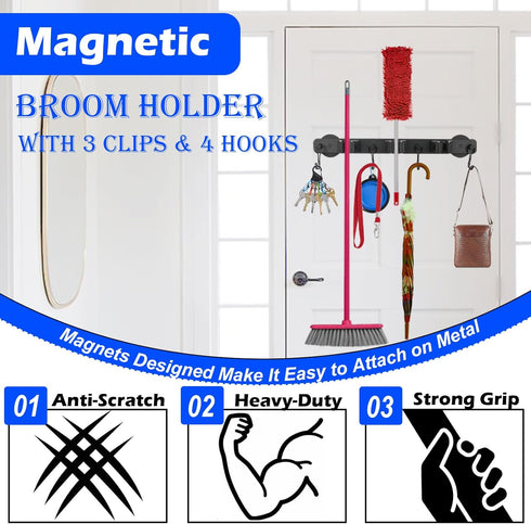Strong Magnetic Mop Broom Holder - Heavy Duty Hanger with 4 Hooks for Organizing Cleaning Tools in Garage or Kitchen