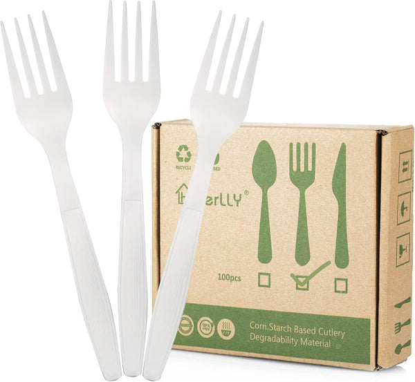 HERLLY 100 Biodegradable Compostable Forks, Large Disposable Utensils for Parties, Eco-Friendly and Durable
