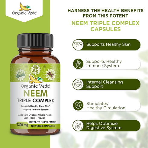Organic Veda Neem Capsules, Triple Complex Neem Leaf Extract, 120 Count Herbal Supplement for Immunity & Skin Health