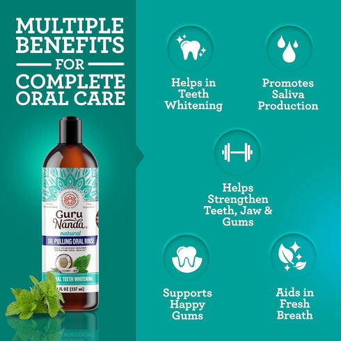GuruNanda Coconut Oil Pulling Mouthwash (Mickey D), 8 oz, Fresh Breath & Whitening with 7 Essential Oils & Vitamins for