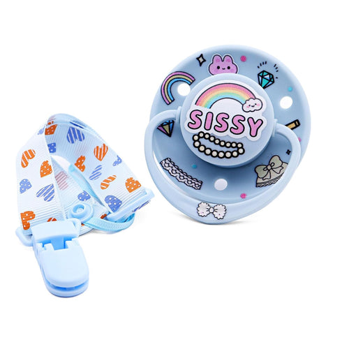Large Shield Comfort Soother - Pastel Blue Rainbow Sissy Design - Sensory