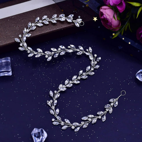 Wedding Bridal Crystal Long Hair Vines Head Piece, Beaded Bohemian Jewelry Headband (Short Silver-50cm)
