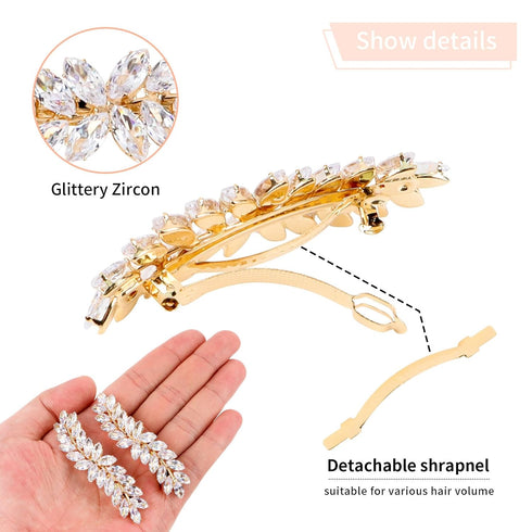 WHAVEL 2PCS Hair Barrettes for Women, Vintage Rhinestone Crystal Leaf French Clips, Bridal Hair Accessories (Gold)
