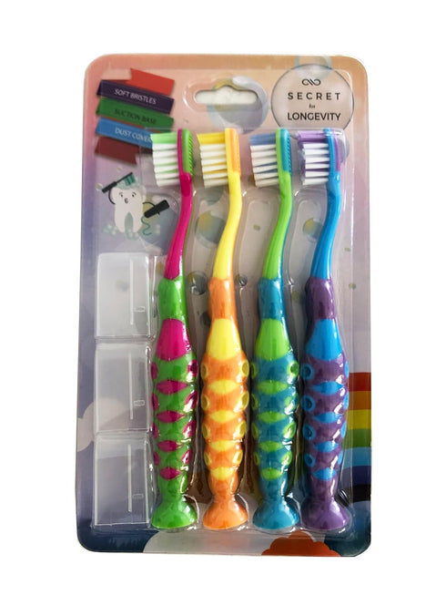 Secret for Longevity 4-Pack Kids BPA Free Toothbrush, Extra Soft, Easy Grip
