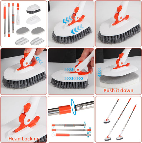 Floor Scrub Brush 3 in 1 - Tub Tile Floor Scrubber with 52 inch Long Handle, Detachable Replacement Brush Heads