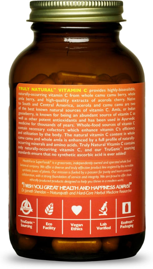 HEALTHFORCE SUPERFOODS Truly Natural Vitamin C - Immune Support Supplement with Camu Camu Berry - 120 Vegan Caps