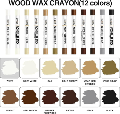 LHAVEN Sticks,12colors Wood Filler Wood Wax Crayons for Repairing Scratches, Scuffs, Cracks, and Nail Holes on Wood