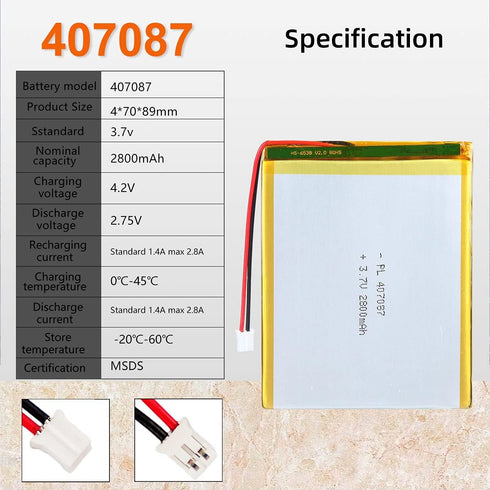 3.7V 2800mAh 407087 Lipo Battery Pack with JST Connector, Rechargeable Lithium Polymer Ion