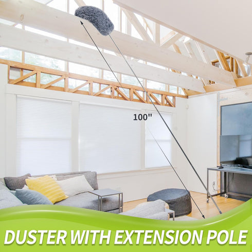 Duster with Extension Pole, 100" Long Feather Duster Kit with 2 Microfiber Heads, Cleaning Supplies for High Ceilings