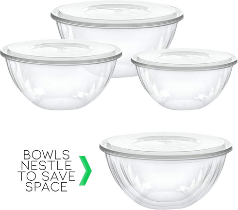 PLASTICPRO 96 Ounce Round Crystal Clear Disposable Serving Bowls with Lids, Pack of 4 for Party Snack or Salad