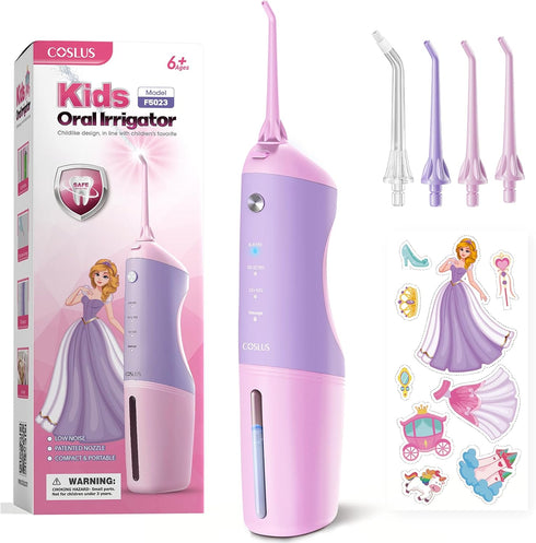 COSLUS Kids Water Dental Flosser, Deep Cleaning Picks, Portable, 4 Modes for Ages 6+, Waterproof Rechargeable with 4