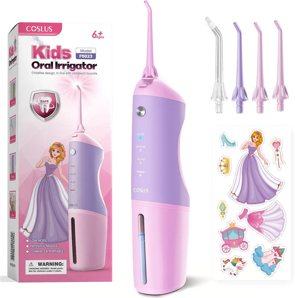 COSLUS Kids Water Dental Flosser, Deep Cleaning Picks, Portable, 4 Modes for Ages 6+, Waterproof Rechargeable with 4