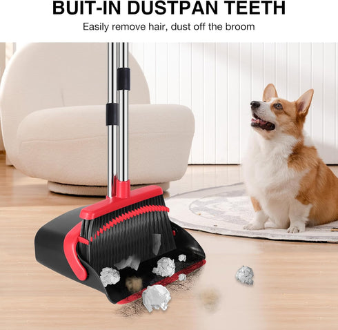 Broom and Dustpan Set, 52-in Long Adjustable Handle Broom with Dustpan Teeth for Home Kitchen Office Floor (Black&Red)
