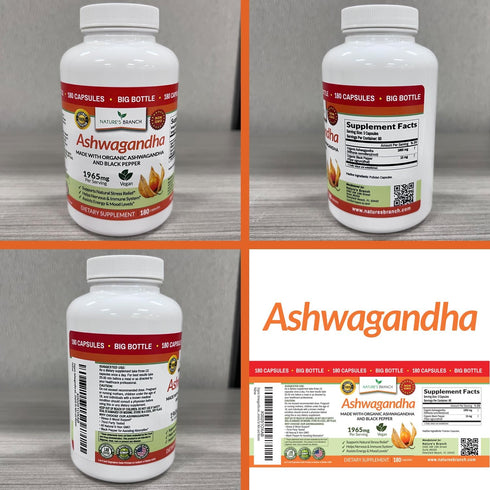 UDAF Certified Organic Ashwagandha with Black Pepper | 180 Capsules, 1965mg Extra Strength for Stress, Sleep, Mood