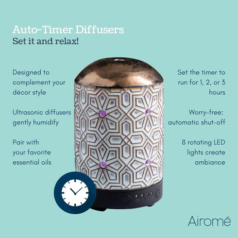 Timer|100 mL 8 Airome Ceramic Essential Oil Diffuser with Humidifying Ultrasonic Aromatherapy Diffuser Colorful LED
