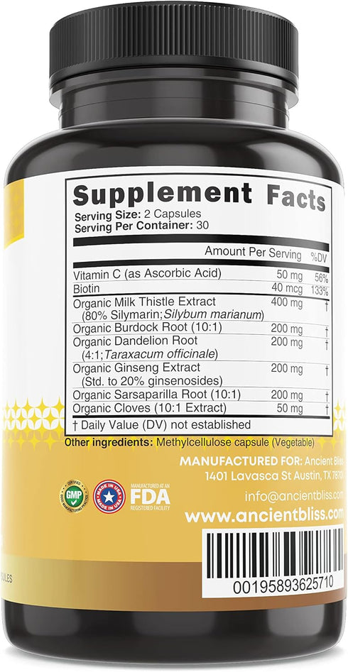 Ancient Bliss Liver Love - 60 Capsules, Natural Milk Thistle Liver Detox and Health Cleanse Supplement