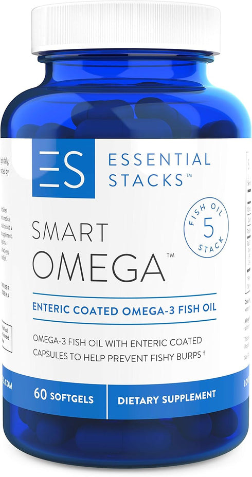Essential Stacks Smart Omega 3, Burpless Fish Oil, 1400mg EPA DHA Per Serving, Enteric Coated, 60 Capsules