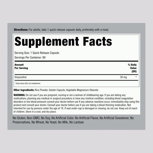 Piping Rock Vinpocetine 30mg | 90 Capsules | Super-Strength Supplement | Non-GMO, Gluten Free