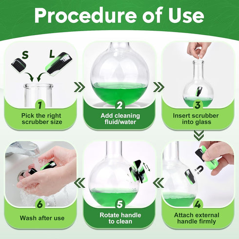 Magnetic Glass Cleaner Kit - Reusable Pipe Cleaning Tool Deep Cleans Hard-to-Reach Stains Two Silicone Brush