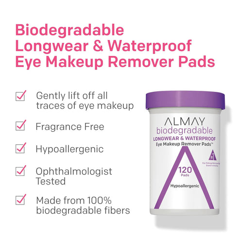 Almay Biodegradable Makeup Remover Pads, Longwear & Waterproof, Hypoallergenic, Fragrance-Free, Dermatologist & Ophthalmologist Tested, 120 count