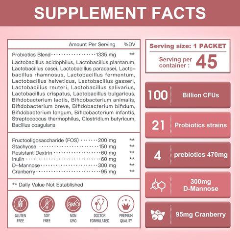 NATURE TARGET Probiotics-for-Women Powder, 100-Billion-CFUs, 45-Day-Supply, with D-Mannose and Cranberry
