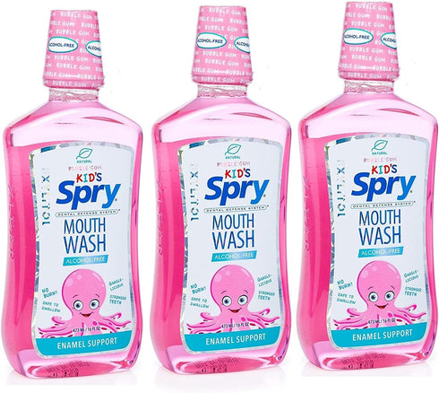 Spry Xylitol Mouthwash Fluoride Free with Enamel Support, Gentle, Natural Bubble Gum - 16 fl oz (Pack of 3)