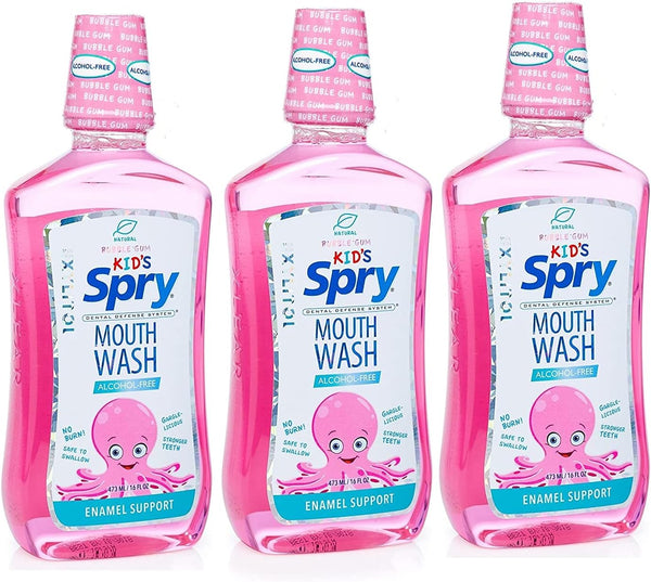 Spry Xylitol Mouthwash Fluoride Free with Enamel Support, Gentle, Natural Bubble Gum - 16 fl oz (Pack of 3)