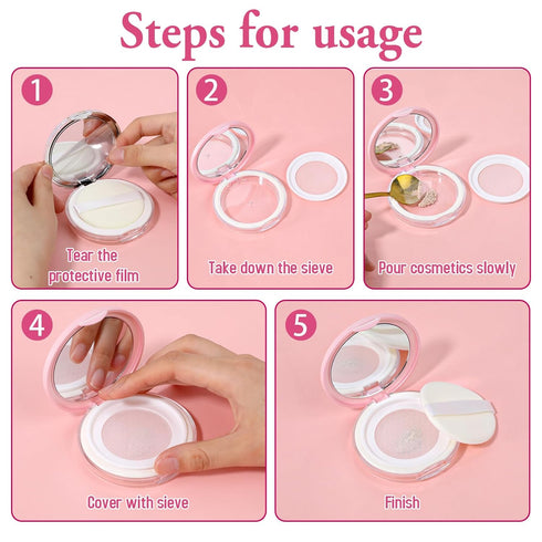 2 Pcs Refillable Loose Powder Container with Puff, 0.17/0.7 oz Portable Makeup Powder Case with Mirror and Sifter