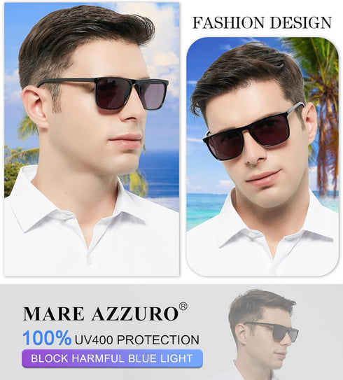 MARE AZZURO Large Square Reader Sunglasses, Men Outdoor Sun Reading Glasses, Black, 1.25