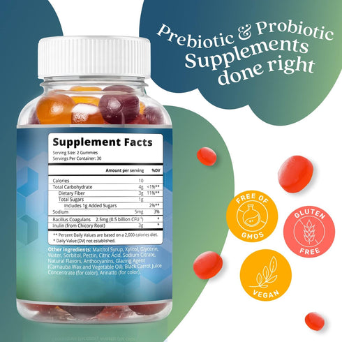 BeLive Prebiotic Fiber & Probiotic Gummies – High Strength Inulin (3g), Dietary Fiber Supplement, Digestive Support for Kids - Strawberry, Lemon, Blueberry Flavor (60Ct)