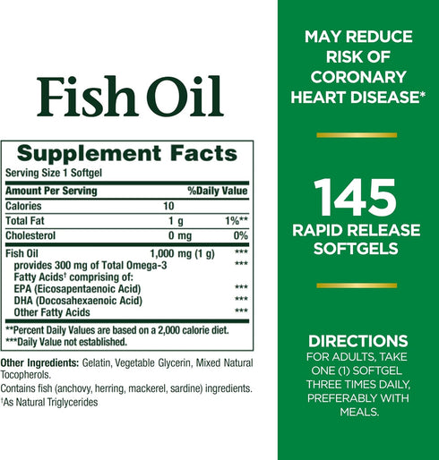 Nature's Bounty Fish Oil, Supports Heart Health, 1000mg, Rapid Release Softgels, 145 Ct