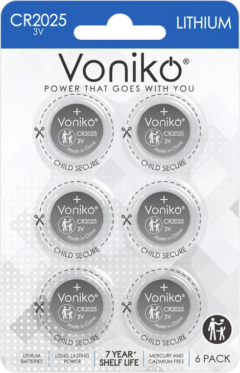 Voniko CR2025 3V Lithium Batteries 6 Pack for Child Safety, Compatible with Remotes,