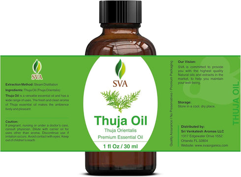 SVA Thuja Essential Oil, 1 Fl Oz, 100% Natural for Aromatherapy, Skin Care, Soap Making