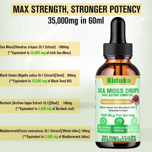 1000mg Irish Sea Moss Drops Black Seeds Oil, Bladderwrack, Burdock Root, Vitamin C and Zinc, 98 Essential Minerals Seamoss Supplement for Immune, Joint, Digestion, Aging Support