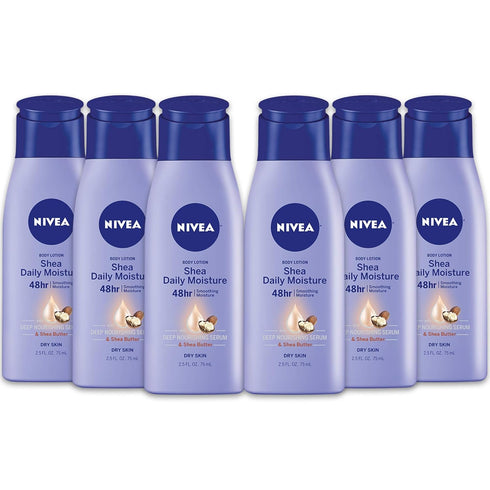 NIVEA Shea Nourish Body Lotion, Dry Skin, Hyaluronic Acid, 2.5 Fl Oz Bottle, Pack of 6