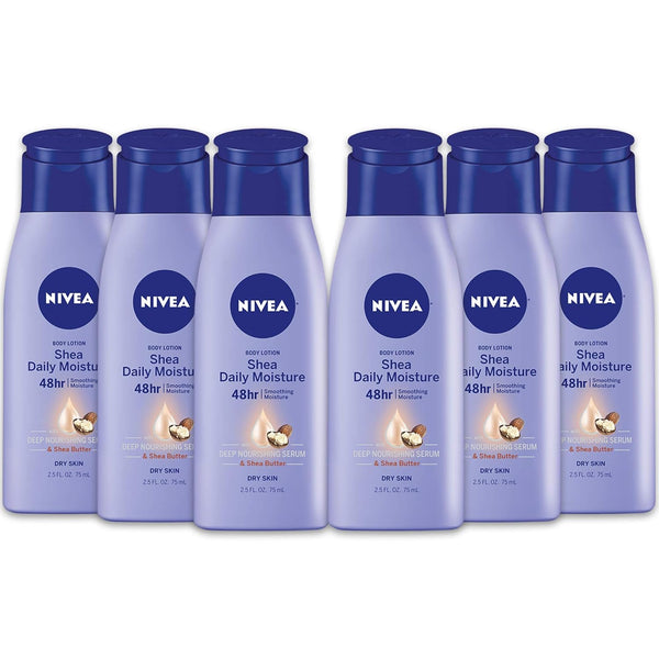 NIVEA Shea Nourish Body Lotion, Dry Skin, Hyaluronic Acid, 2.5 Fl Oz Bottle, Pack of 6
