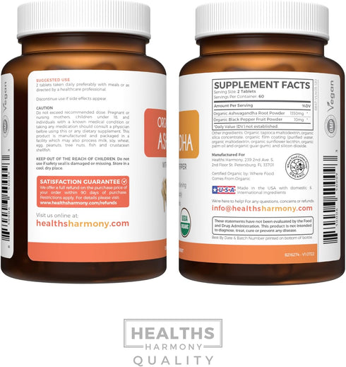 USDA Organic Ashwagandha Supplement, High Potency Pills with Black Pepper, Vegan, 2 Months Supply