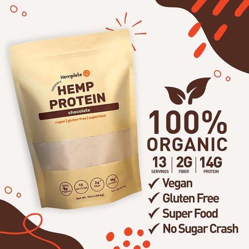 Hemp Vegan Protein Powder for Heart and Brain Health, Easy to Digest Chocolate Powder Drink with Plant Protein for Muscle Building and Recovery, 9 Essential Amino Acids (Chocolate, 10 ounces)