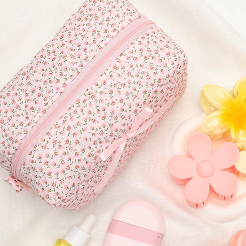 Quilted Floral Makeup Bag - Cute Handmade Aesthetic Pink Toiletry Pouch for Women