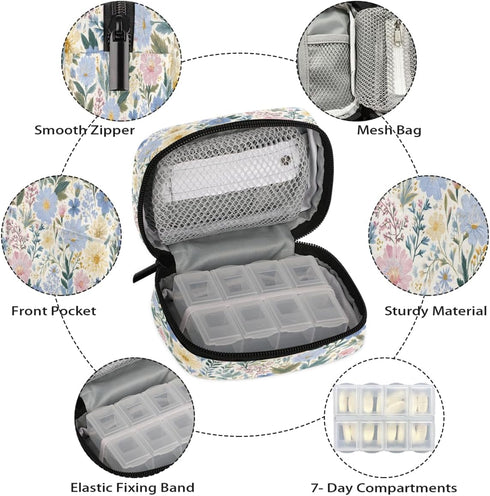 Skerhhux 7 Spring Flowers Art Pill Case Travel Pill Organizer Weekly Day Portable with Zipper Medicine Box Pill Case