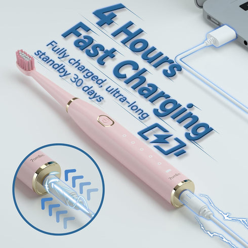 7AM2M Sonic Electric Toothbrush for Adults and Kids, High Power Rechargeable with 8 Brush Heads, 5 Modes, Pink