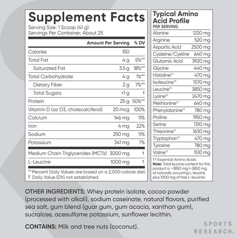 Sports Research Whey Protein Isolate, 25g Protein per Serving, 2lb Bag, Dutch Chocolate, 25 Servings
