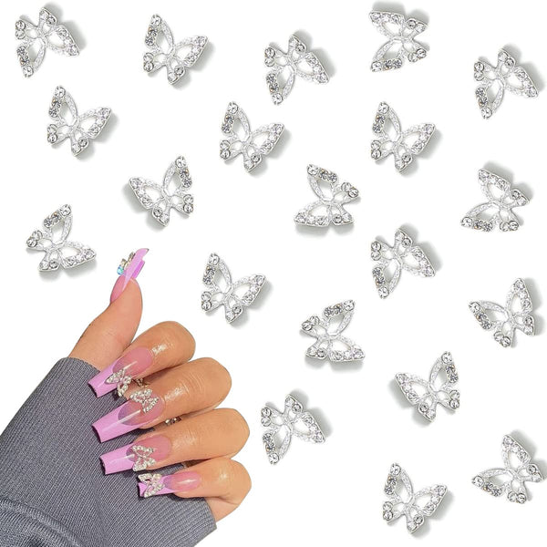20pcs Silver Butterfly Nail Charms, 3D Metallic Rhinestones for Acrylic Nails, Shiny Crystal Charms for Women