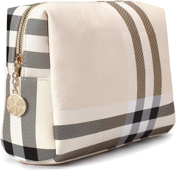 Large Makeup Bag for Purse, Luxury Women Cosmetic Bags Designer Toiletry Travel Organizer (Beige)