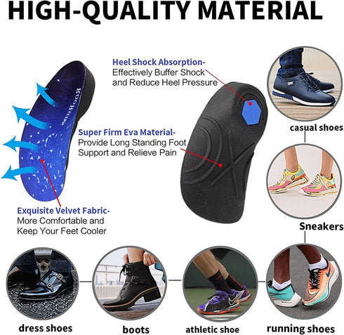 Arch Support Insoles - 330+ lbs Plantar Fasciitis Insoles, 3/4 Length Orthotic Inserts for Women & Men, Heel Pain, Flat