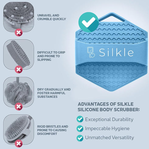 Silicone Body Scrubber - Exfoliating Bath Brush and Skin Cleanser, Shower Sponge for Gentle Body Scrub - Blue