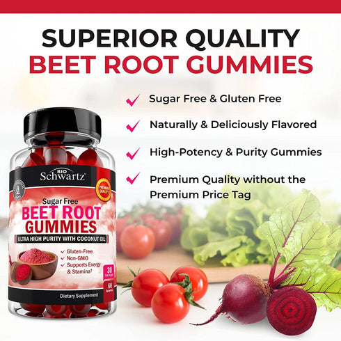 Sugar Free Beet Root Gummies - 60 Count | Nitric Oxide Beet Chews Infused with Coconut Oil for Highest Absorption