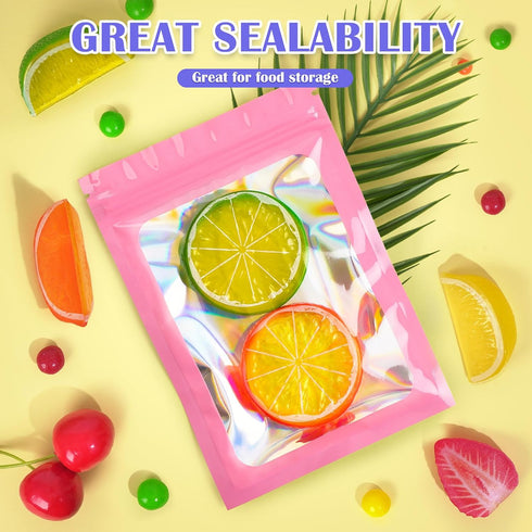JETMORE 100 PCS Mylar Bags: Pink Holographic Smell Proof Resealable Bags for Small Business, 2.8x3.9in Foil Pouch Bags