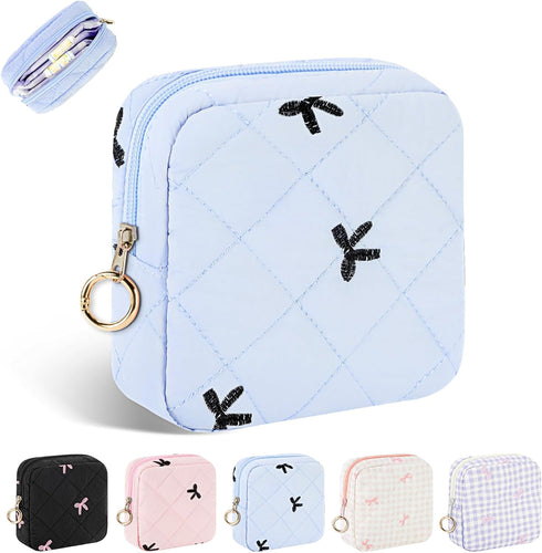 Period Bag for Teen Girls, Quilted Sanitary Napkin Storage Bag, Cute Bow